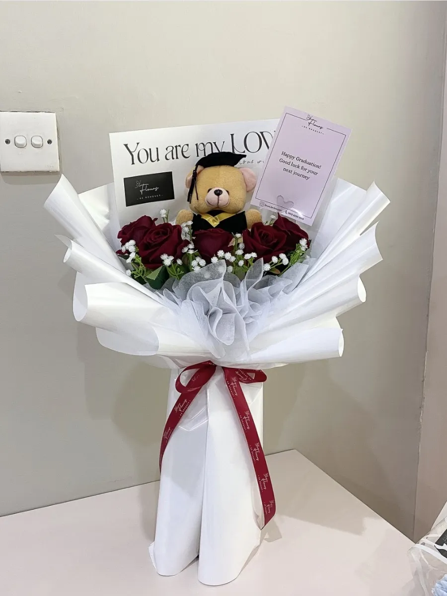 Graduation Teddy + Rose Bouquet